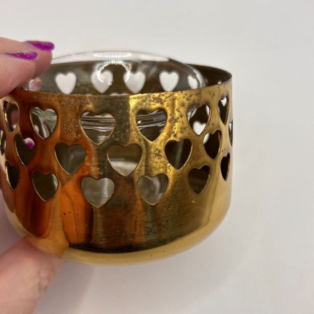Vintage PartyLite Brass Votive Tealight Holder Heart Cut Outs With Glass Holder - Picture 6 of 6
